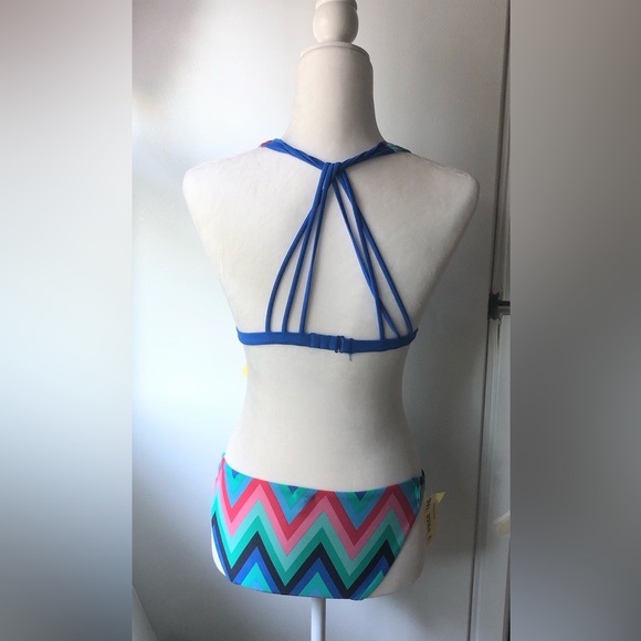 Aerie 2 Piece Bikini Strappy Cross Back Top Flame Stitch Design Blue Size Small - Picture 2 of 8